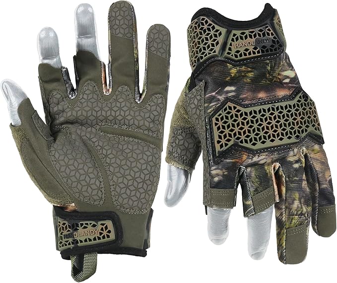 HANDLANDY Fingerless Framer Work Gloves for Men, Utility Grip Paded Gloves for Tactical Shooting Airsoft Hunting Driving (Camo- 3 Fingerless, Large (Pack of 1))