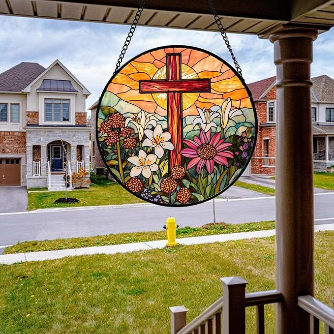 JOSUMALY Christian Gifts for Women - Cross Stained Glass Window Hanging Easter Flower Sunset Landscape Sun Catcher Garden Religion Decor Mother's Day Catholic Gift for Men Grandma Mom Her Nana 15"