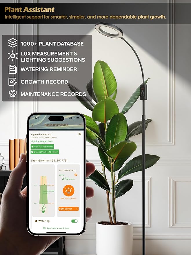 Smart Grow Lights for Indoor Plants,24W Plant Light with Auto-Timer,Full Spectrum LED Grow Light, Adjustable Height & Stepless Dimming,Plant Assistant Suitable for Most Plants (Black, 24W)