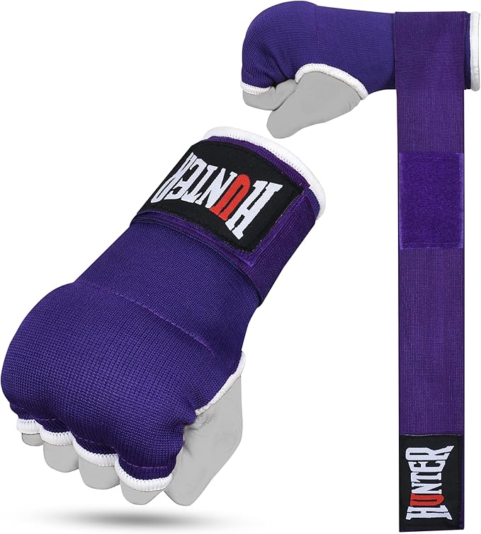 HUNTER Gel Padded Inner Gloves with Hand Wraps for Boxing, Quick Elastic Training Wraps for Men & Women, Muay Thai MMA Kickboxing Martial Arts Knuckle Wrist Protector (Pair)