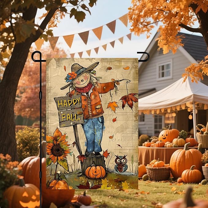 Happy Fall Garden Flag Scarecrow Owl Flag Sunflowers Autumn Leaves Rustic Harvest Season Decor Farmhouse Style 12x18 Inch Double Sided For Front Porch Lawn Patio Seasonal Home Decoration