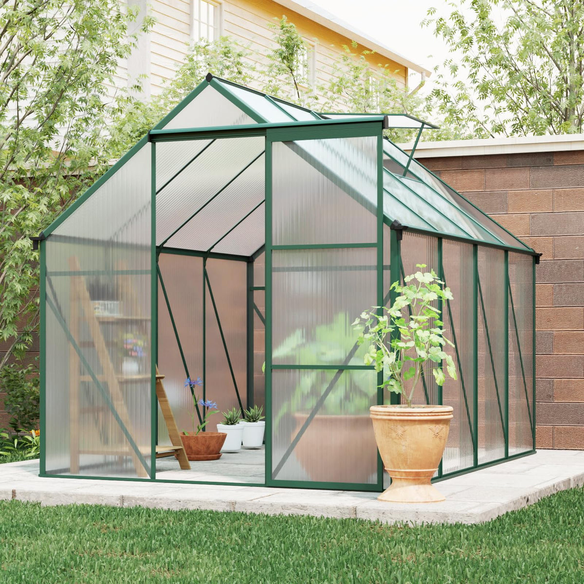 6x8 FT Green Outdoor Walk-in Polycarbonate Greenhouse Adjustable Roof Vent Sliding Door Aluminum Frame Galvanized Base for Backyard Gardening Plants Vegetables Flowers UV Protection Greenhouse