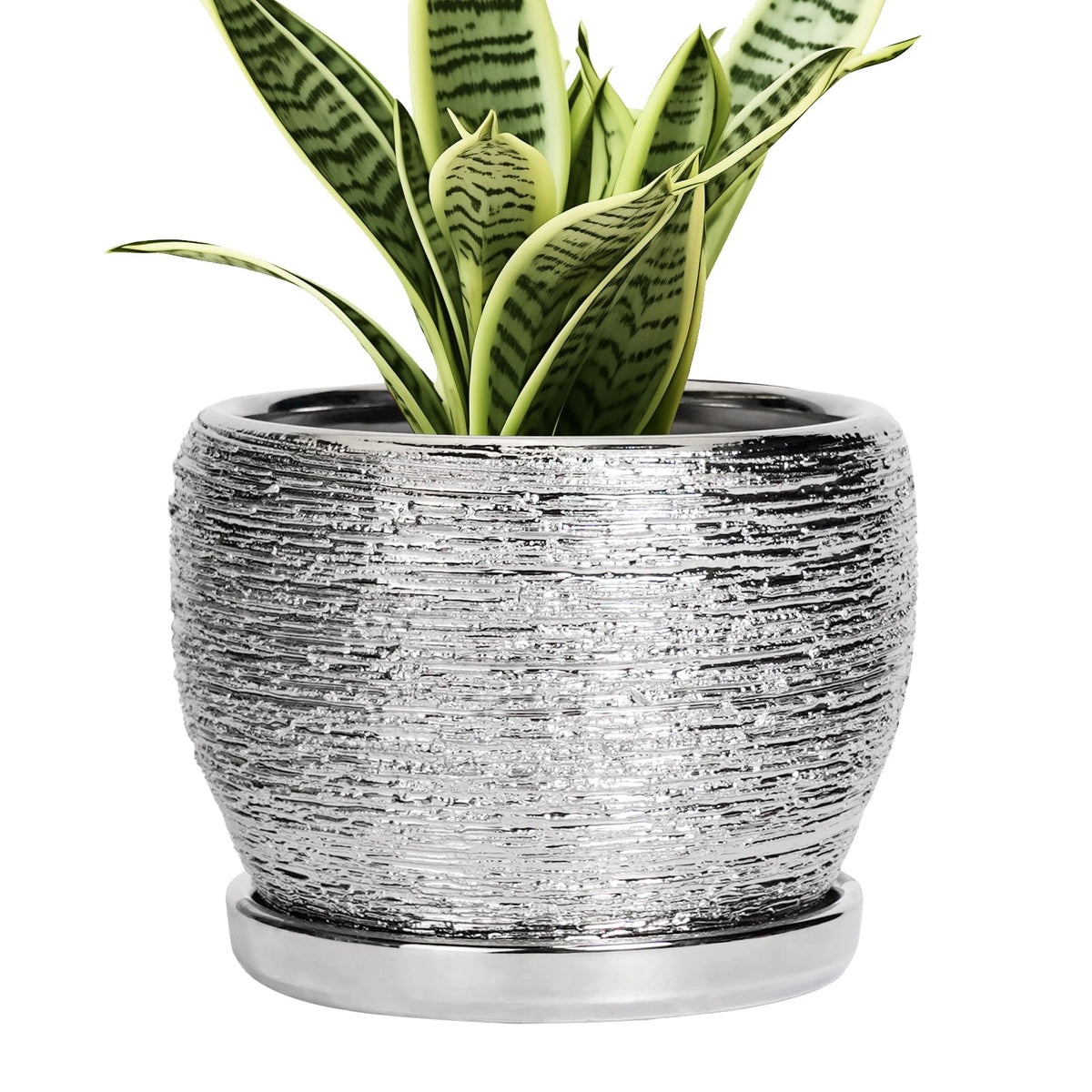 SQOWL Ceramic Plant Pots - 6 Inch Planter for Indoor Outdoor Plants, Modern Round Flower Pots with Drainage Hole and Saucer, Decorative Small Planter, Office Decor, Gifts for Women Men, Silver