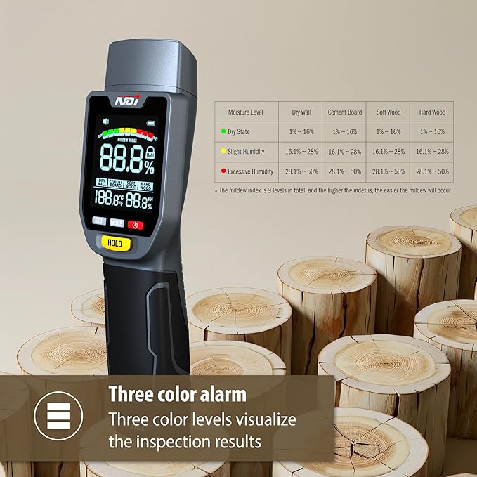 NDI 6 in 1 Non-invasive Moisture Meter Pinless Humidity Sensor Drywall/Gypsum Board/Cement Board/Cork/Hardwood/Mildew Index