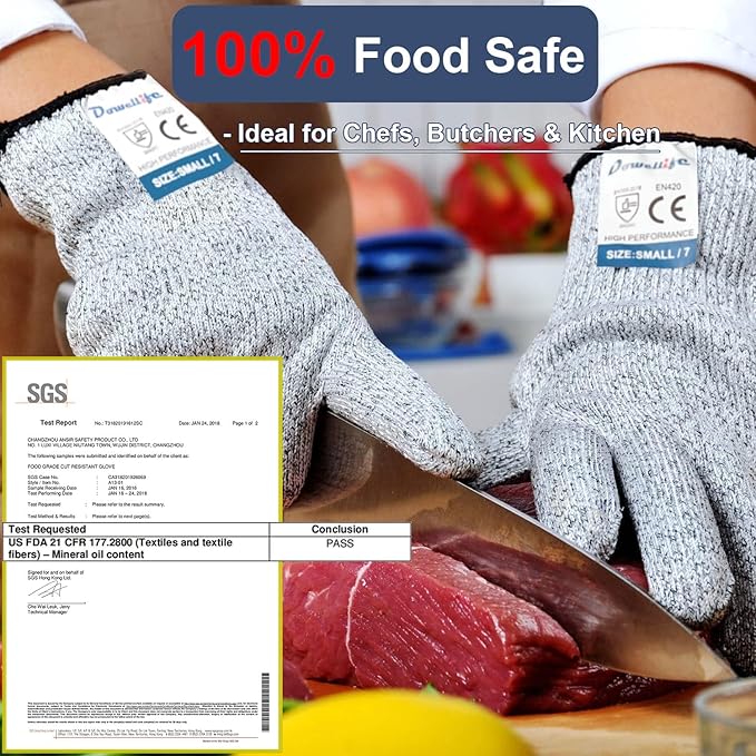 Dowellife Cut Resistant Gloves Food Grade Level 5 Protection, Safety Kitchen Cuts Gloves for Oyster Shucking, Fish Fillet Processing, Mandolin Slicing, Meat Cutting and Wood Carving. (Large-2 Pairs)