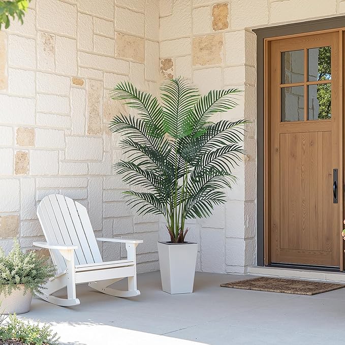 Artificial Palm Tree with White Tall Planter, 6ft Tall Potted Artificial Silk Palm Tree Plant, Fake Tropical Plant, Home Office Floor Room Decor Plants Indoor Outdoor, Housewarming Gift