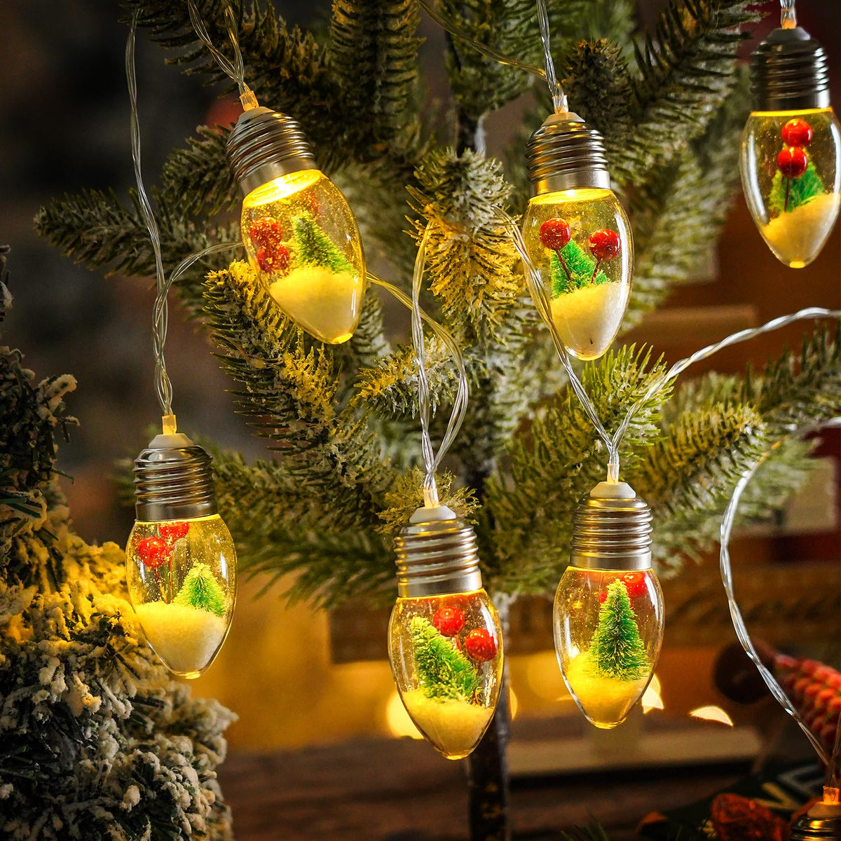 HFXXAD Christmas Snow Globe String Lights Indoor Decorations, 10 LED Clear Bulbs String Lights with Christmas Tree & Berry for Home Bedroom Fireplace Xmas Lights(6.6FT)