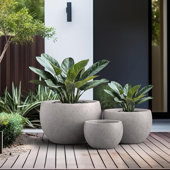 Kante 19.9",15.7",11.8" Dia Round Concrete Planter Set of 3, Outdoor/Indoor Large Bowl Plant Pots with Drainage Hole and Rubber Plug for Garden Patio Balcony Home, Light Gray