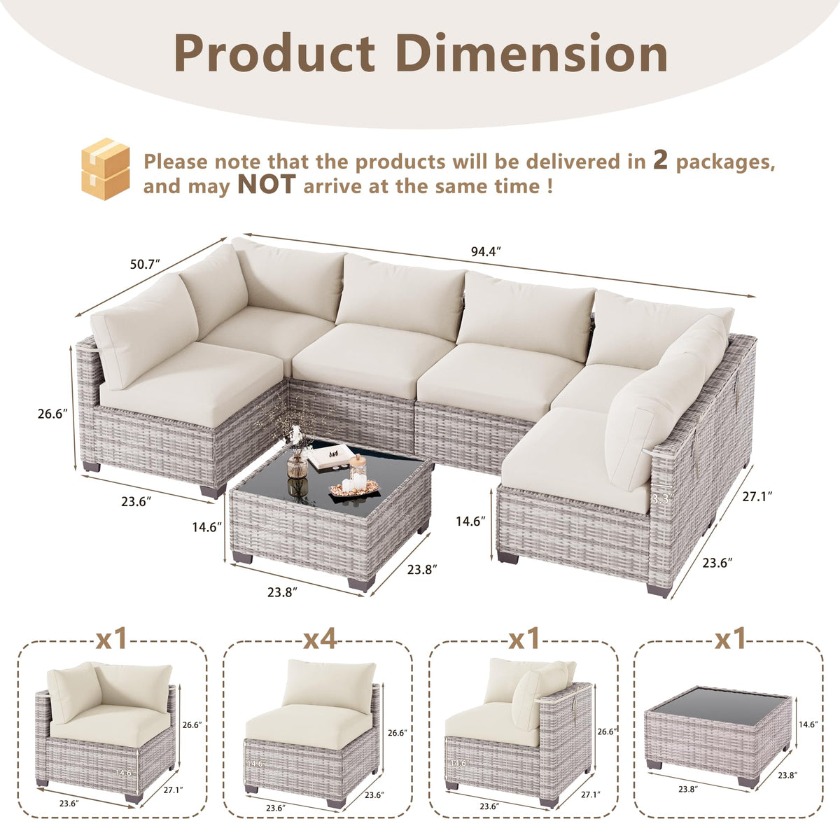 LOUVIXA 7 Piece Outdoor Patio Furniture Set, Outdoor Sectional Sofa, Wicker Rattan Patio Furniture, Patio Conversation Set with Coffee Table & Cushions