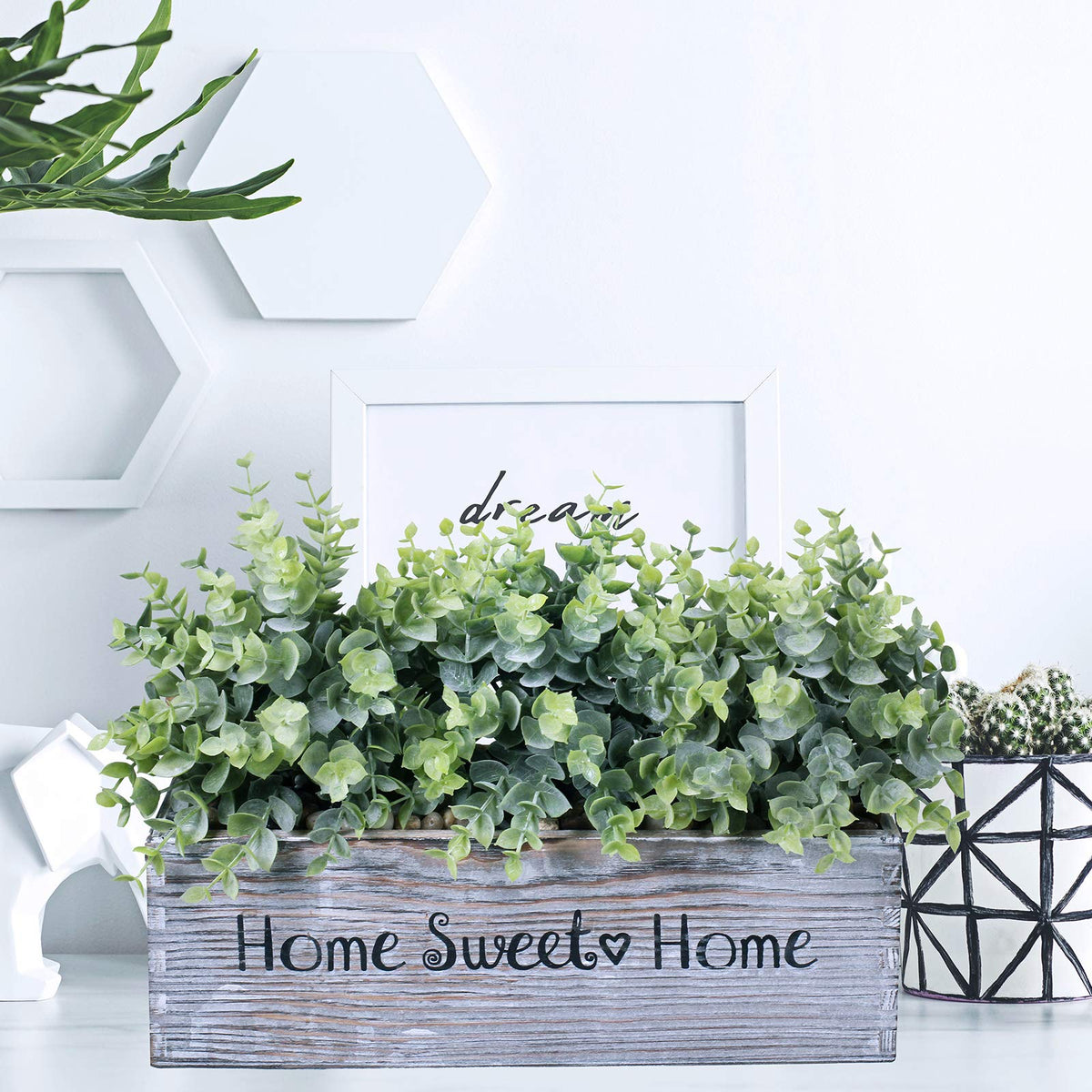 1 Pcs Wooden Potted Eucalyptus Plant Greenery Arrangement Artificial Eucalyptus Plant in Rectangular Wood Planter Box for Rustic Farmhouse Indoor Centerpiece Tabletop Window Sills Kitchen Shelf Decor