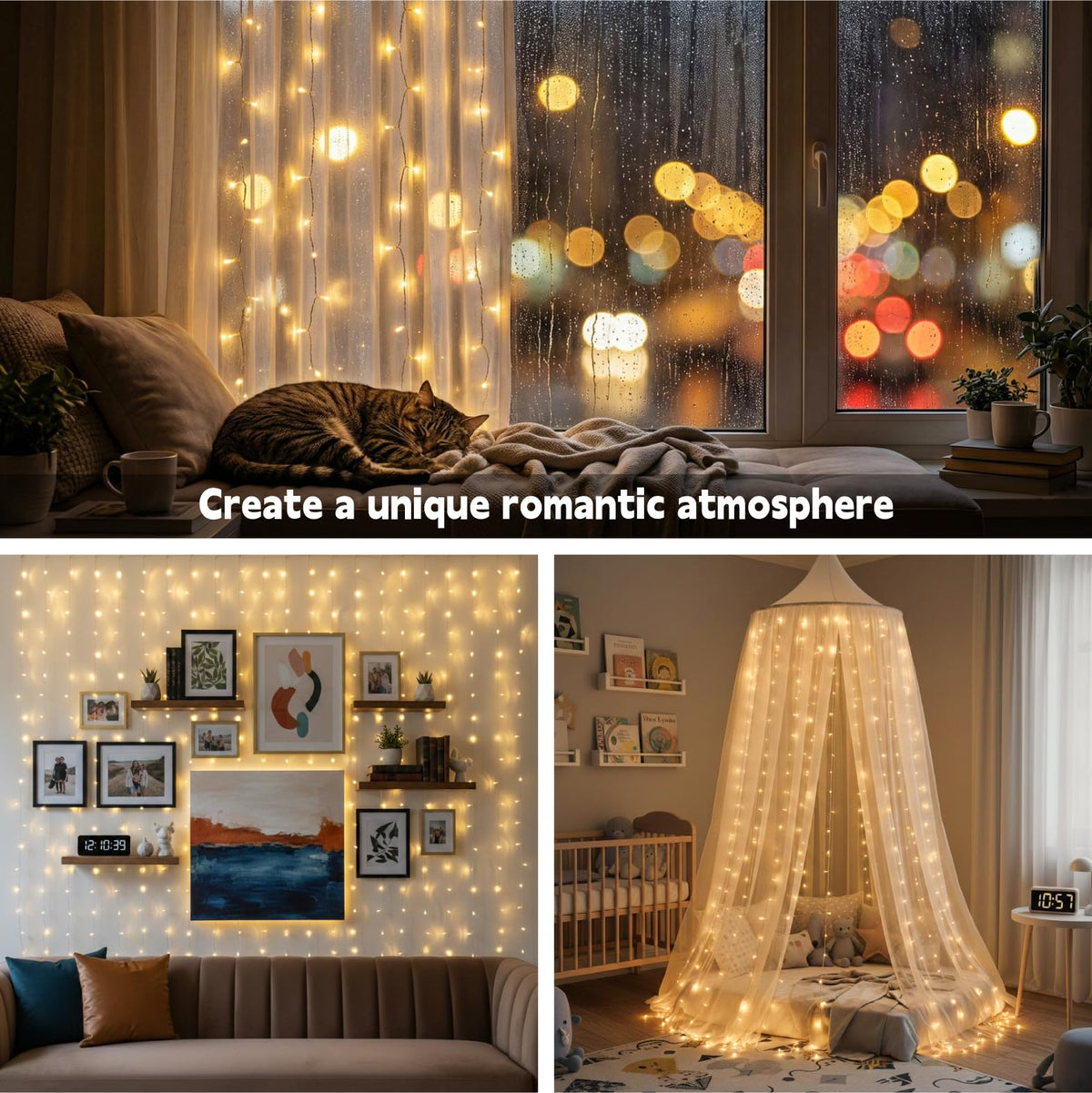 SINAMER Curtain String Light, 300LED 9.8x9.8ft, Remote & 8 Modes, USB