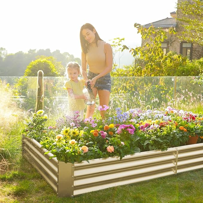 Land Guard 2 Pack 8×4×1ft Galvanized Metal Raised Garden Bed, Metal Planter Kit Box Outdoor for Deep-Rooted Vegetables, Flowers, Green and Herbs (Cream Yellow)