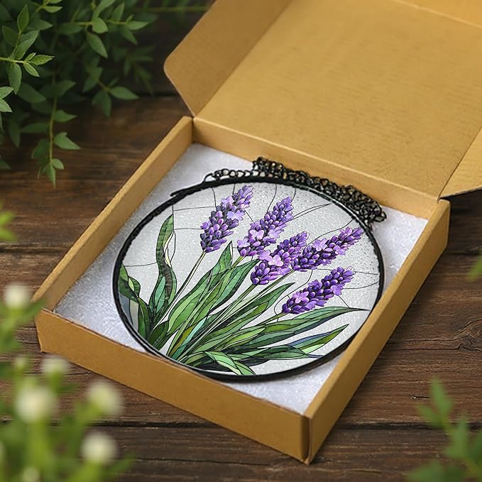 Stained Glass Window Hanging, 8 Inch Lavender Stained Glass Suncatcher, Flower Sun Catcher, Window Hanging Decor, Flower Lovers Gift for Her, Housewarming Gift, Gifts for Lover, Bestie and Couple