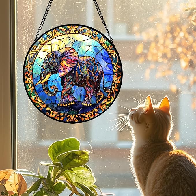 Stained Glass Window Hanging - Blue Elephant Suncatcher for Door Terrace Garden Home Decor, Yellow Retro Sun Catcher Birthday Gifts for Lovers Women Men Dad Mom Nana 11.8 in