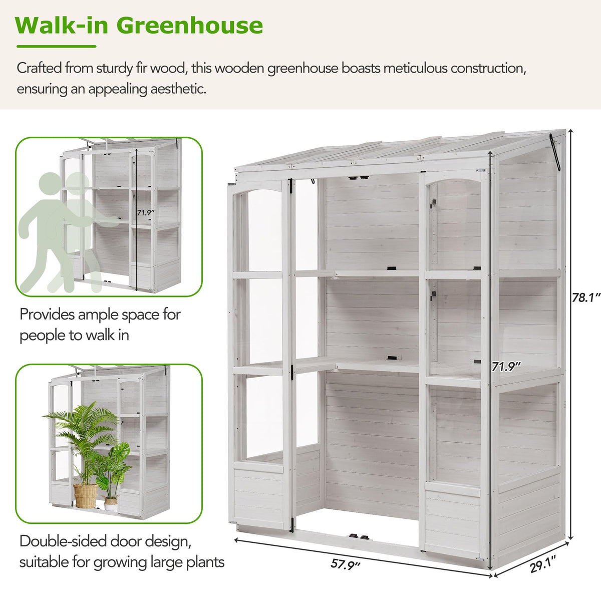 78-inch 6-Tier Wooden Greenhouse - Cold Frame Lean to Greenhouse with Polycarbonate Panels, Portable Greenhouses Cabinet with 4 Independent Skylights and 2 Folding Middle Shelves (White)