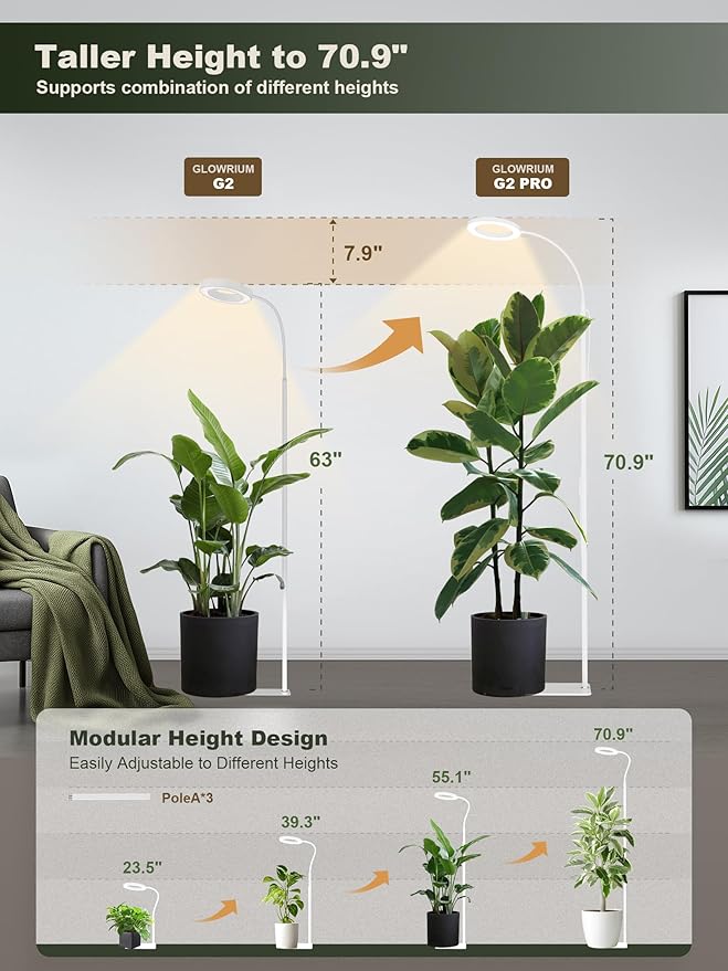 GLOWRIUM 24W LED Grow Light for Indoor Plants, 23.5-71" Adjustable Height, 3-Growing Full Spectrum for Tall Grow Light, High PPFD, 3/9/12/16H Timer, 6-Level Dimming, Ideal for Large Tall Plants