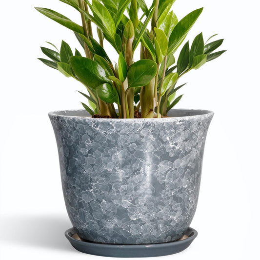 SUNPOTFOR Ceramic Pots for Plants - 10 Inch Planter with Drainage Hole and Saucer, Round Plant Pot for Indoor Outdoor, Decorative Flower Pot, Modern Planter, Garden Decor, Gifts for Plant Lover, Grey