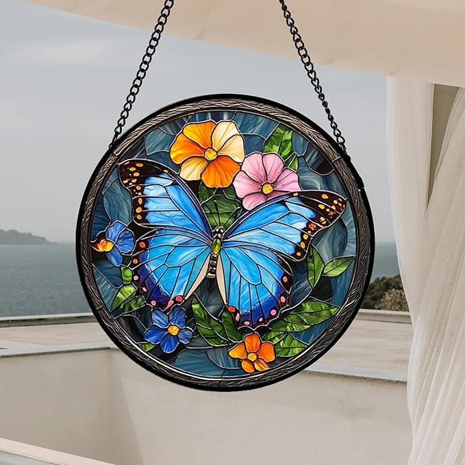 HWRHTR Stained Glass Window Hanging, Blue Butterfly Flower Suncatcher for Doors Home Sun Catchers Decoration and Christmas, Mother's Day Birthday Gifts for Women, Men, and Mom 7.8 in