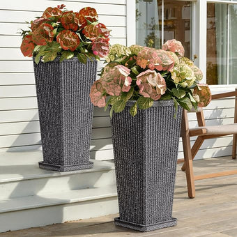 Trygoal Square Tall Planters for Outdoor Plants Set of 2-23.6" Heavy-Duty Classic Tapered Indoor Flower Pots with Drainage Holes/Partition/Tray, Large Outdoor Planters for Porch Patio Garden, Grey