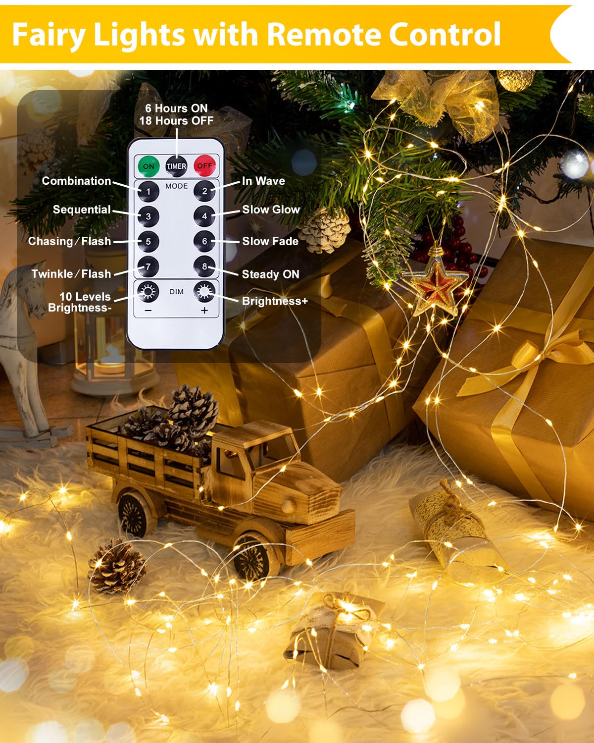 6 Pack 100 LED Fairy Lights Battery Operated with Remote, 33 FT Warm White