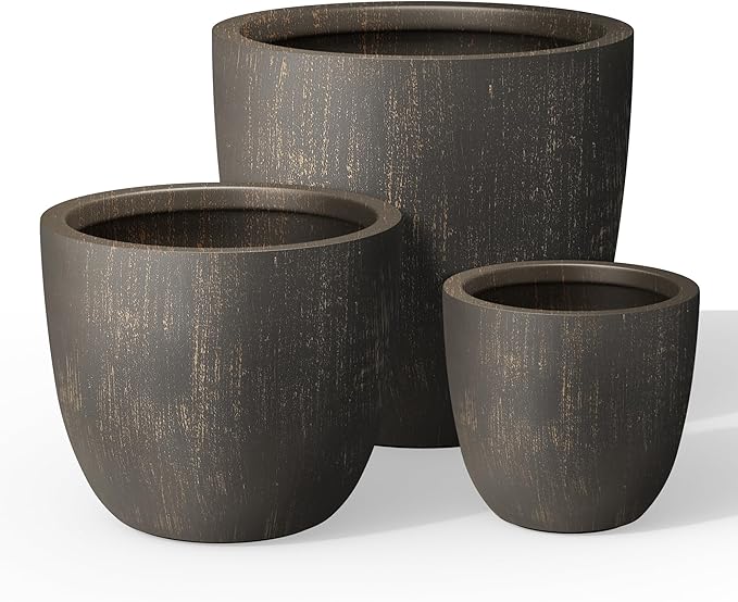 Kante 18",14",10" Dia Concrete Round Planters (Set of 3), Outdoor Indoor Large Planter Pots with Drainage Hole and Rubber Plug for Home Patio Garden, Oil Rubbed Bronze