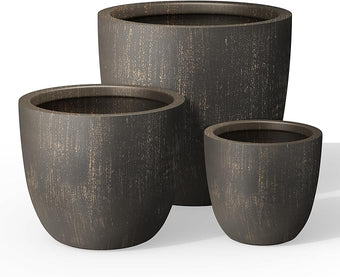Kante Round Concrete Planter Set of 3, Large Outdoor Indoor Plant Pots with Drainage Hole, 10/14/18-Inch Diameter Flower Pots for Patio, Garden and Home, Antique Bronze
