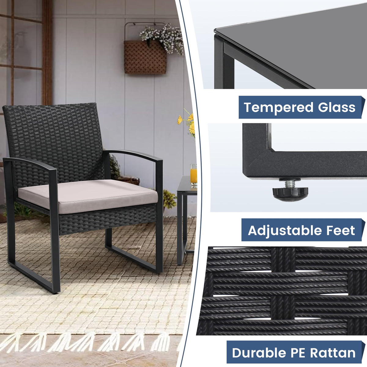 Murago 3-Piece Wicker Patio Bistro Set, Patio Conversation Set