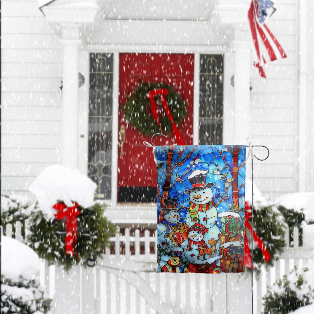 Stained Glass Snowman House Flags 28 x 40 Double Sided Merry Christmas Garden Flag Hello Winter Yard Flag Happy Holidays Flag for Outside Welcome New Year Outdoor Flag Large