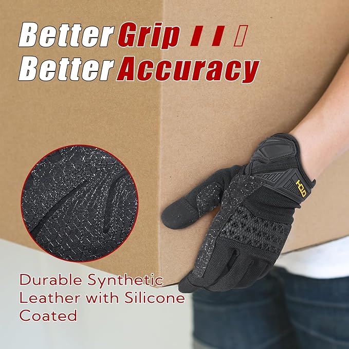 HANDLANDY Mens Work Gloves Touch screen, Utility Mechanic Gloves, Flexible Breathable Fit- Padded Knuckles & Palm
