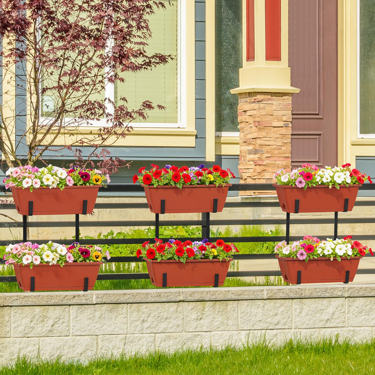 YAHKBTEN Railing Planter Boxes 17 Inches Rectangular Window Box Planters with Flower Box Brackets 2 Tier Adjustable Balcony Planters for Indoor Outdoor Herb Plants Hanging Porch Fence Rail