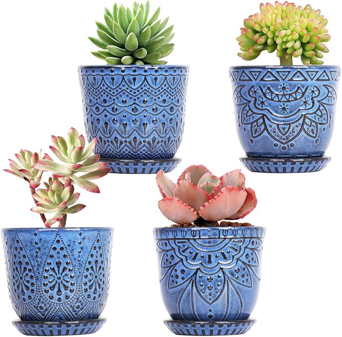 Gepege Succulent Pots, 4 Inch Small Indoor Ceramic Planter Pot with Drainage Holes and Saucers for Plants- Blue - Set of 4