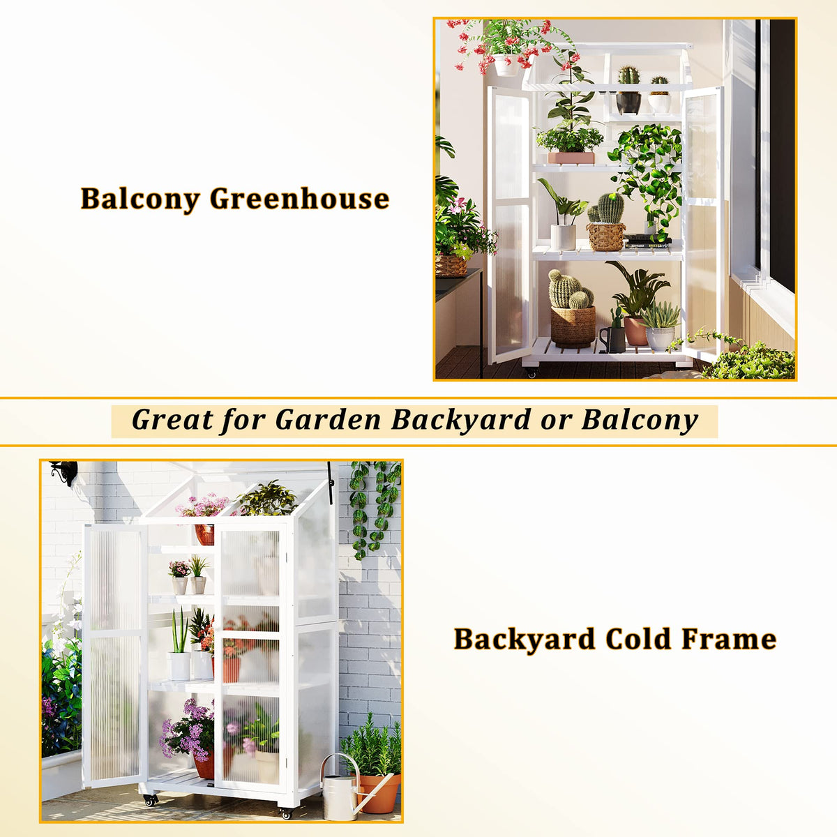 Harper & Bright Designs 62 inch Height Wood Large Greenhouse Balcony Portable Cold Frame with Wheels and Adjustable Shelves for Outdoor Indoor Use, White