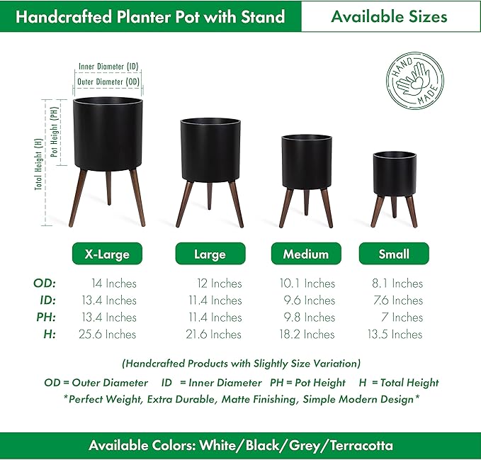 D'vine Dev 12 Inch Planter Pot with Stand, Mid-Century Tall Plant Pot with Legs for Indoor Plants, Large, Black, 88-O-C-2