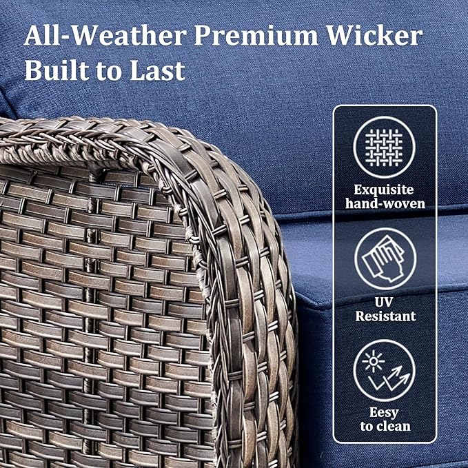 Luxury High Back Patio Furniture Set with 6-Inch Thick Cushions, 6-Pieces Outdoor Furniture with Swivel Chairs, Wicker Conversation Set for Porch, Balcony, Deck and Yard, Grey/Blue