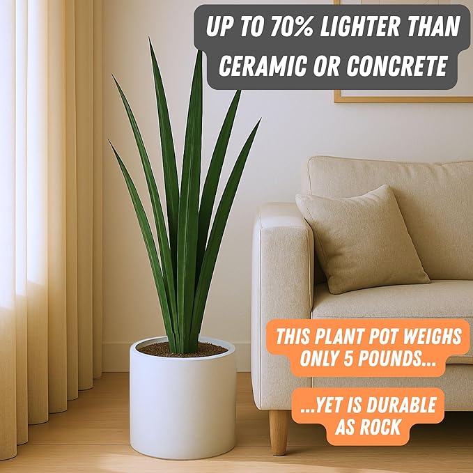 Fox & Fern 10 Inch Plant Pot with Drainage Plug — Premium Lightweight Fiberstone Matte White Planter; Indoor & Outdoor Planter; 10 Inch Pots for Plants Indoor; Weather & UV Resistant