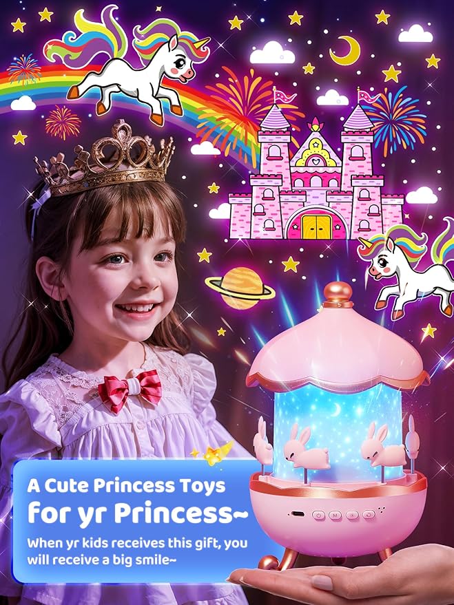 Carousel Night Light for Kids, 15 Music+15 Films+315 Colors Star Projector for Kids Night Light Projector,360°+Remote+1200mah Unicorn Toys for Girls Room Decor, Valentines Gifts for Kids, Girls, Baby