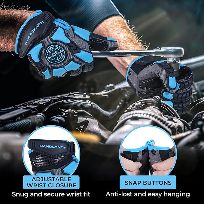 HANDLANDY Anti Vibration Gloves, SBR Padding, TPR Protector, Mechanic Work Gloves (Large, Black)