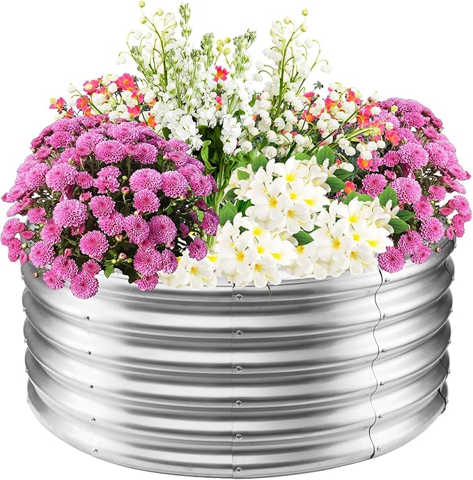 17" Tall Elevated Round Metal Rised Garden Bed- 3.3'x3.3' in Size and 0.8MM Thick Durable Planter Box for Vegetables Flowers Succulent at Patio/Garden Outdoor (Silver, 3.3FT Diameter)