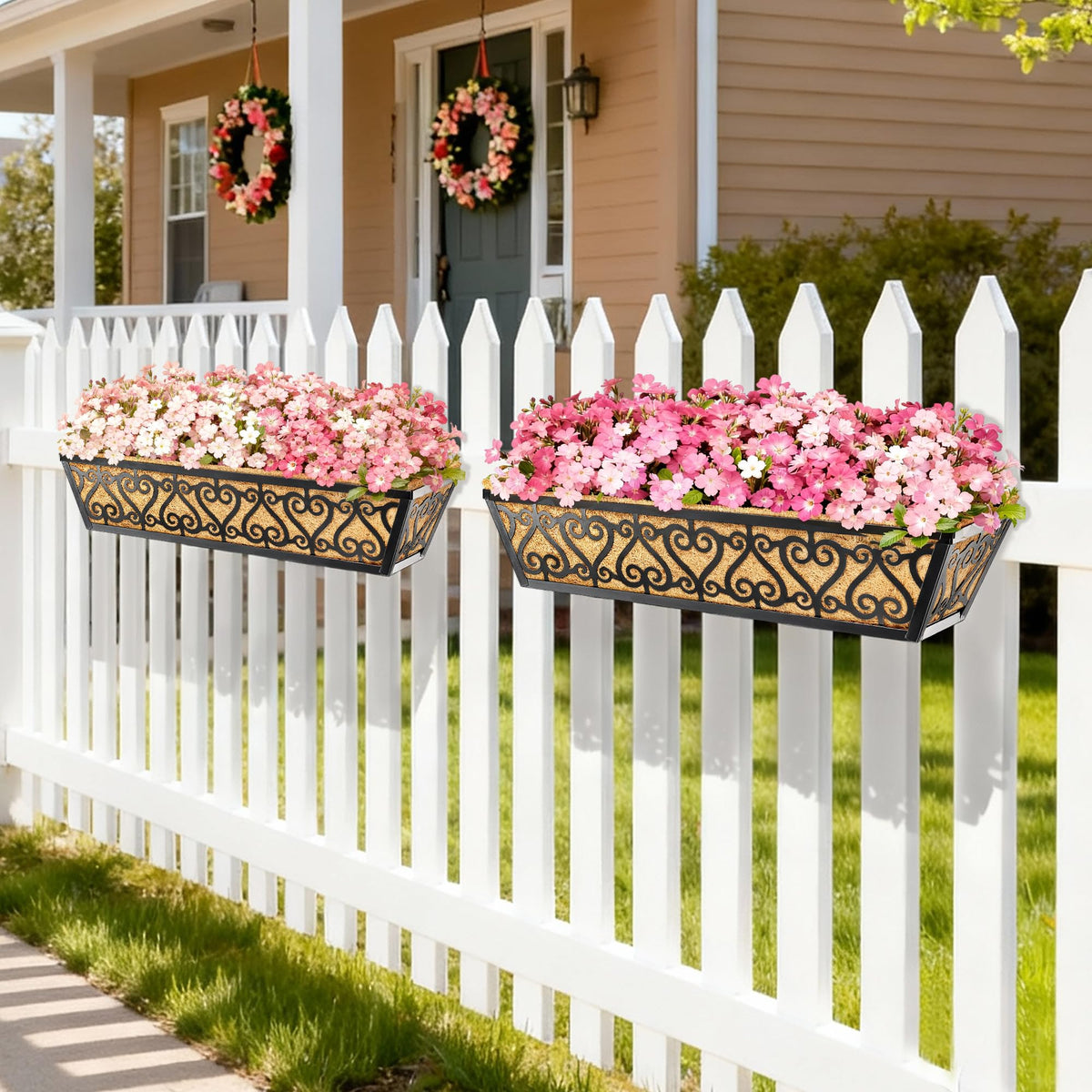 EINYEXW 6 Pack 30 Inch Deck Railing Planter Box - Window Boxes Planters with Adjustable Brackets Coco Liners Balcony Planters Railing Hanging for Window Flower Boxes Outdoor Garden Decor
