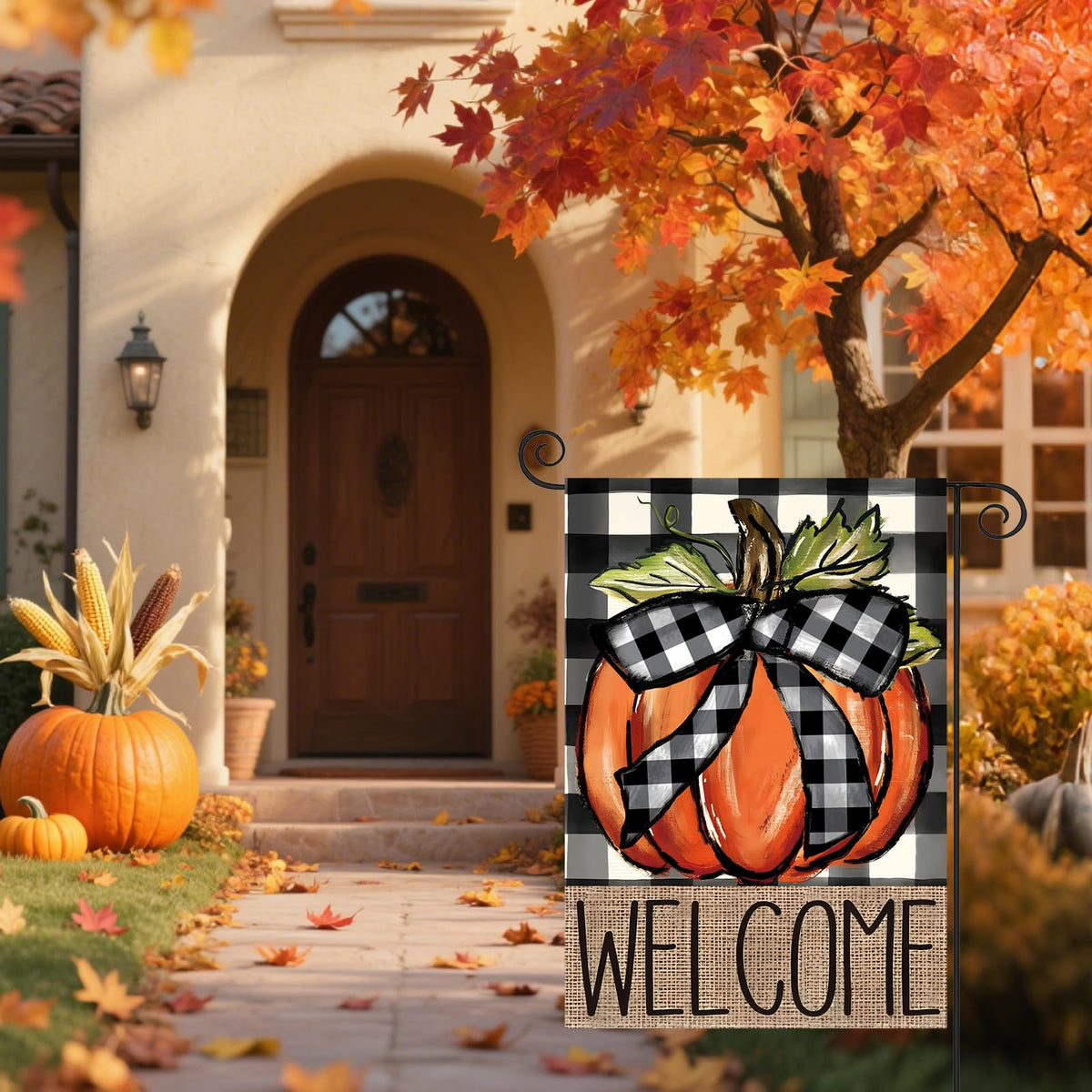 Fall Garden Flags for Outside 12x18 | Garden Flag Pumpkin Buffalo Plaid