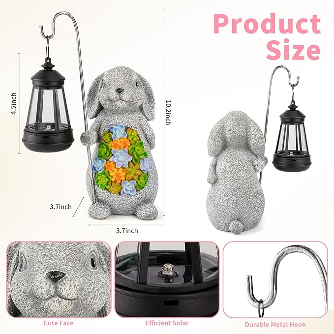Solar Rabbit Garden Statue with Lantern – Waterproof Resin Outdoor Decor for Yard, Lawn, Patio, Garden – Gift for Easter, Christmas, Housewarming – Solar Garden Decor