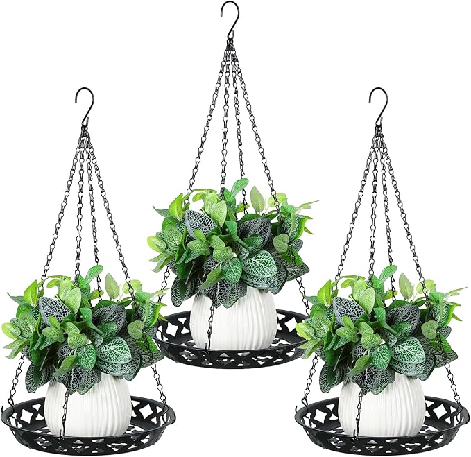 Enhon 3 Pack Plant Hanger, 12 Inch Metal Hanging Planter for Indoor Outdoor Plants, Classy Glossy Black Decorative Hanging Plant Shelf for Window Wall Ceiling Home Decor