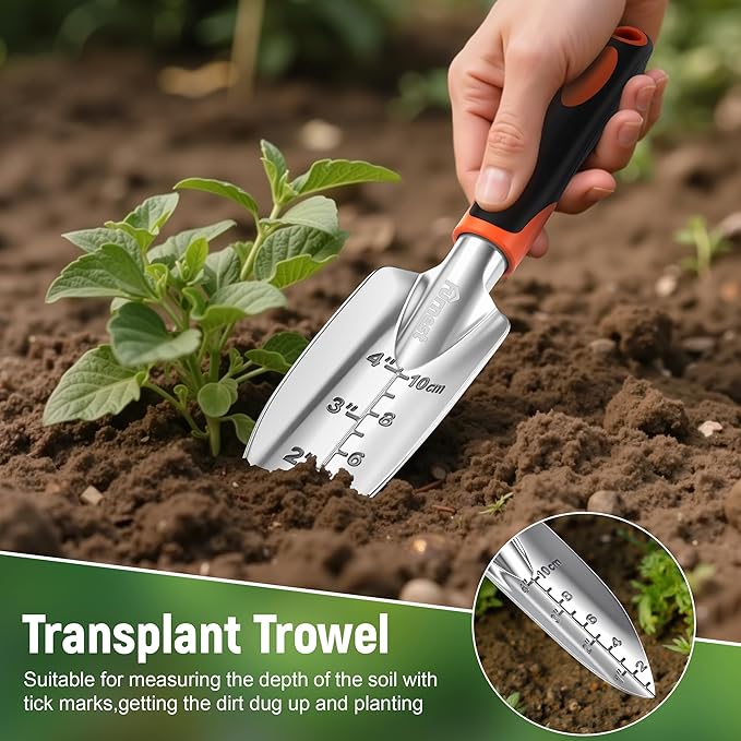 Garden Tool Set, 3 Pack Aluminum Heavy Gardening Kit Including Hand Shovel, Transplant Shovel and Hand Rake for Planting, Digging, Weeding