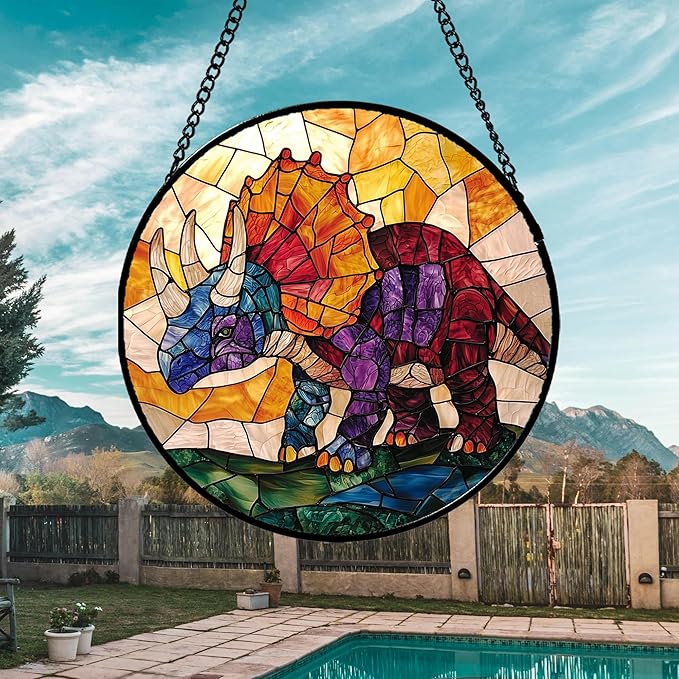 Stained Glass Window Hanging - Triceratops Abstract Dinosaur Suncatcher for Door Terrace Garden Home Decor, Orange Red Sun Catcher Birthday Gifts for Lovers Women Men Dad Mom Nana 6.3 in