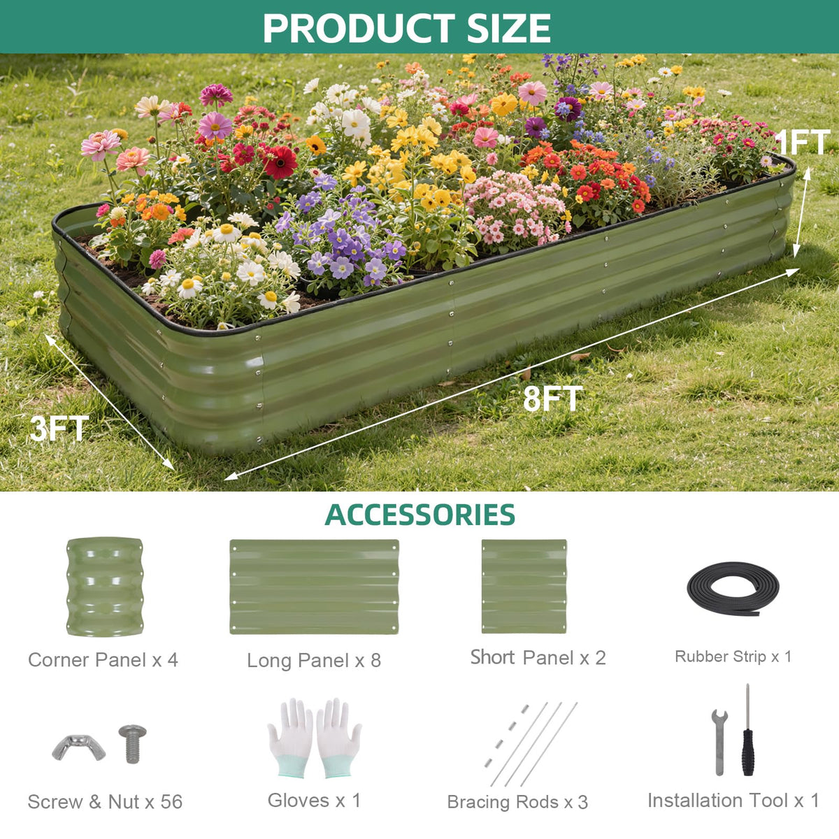 BIRDSINYARD 5 in 1 Galvanized Raised Garden Bed, 8x3x1ft, Green