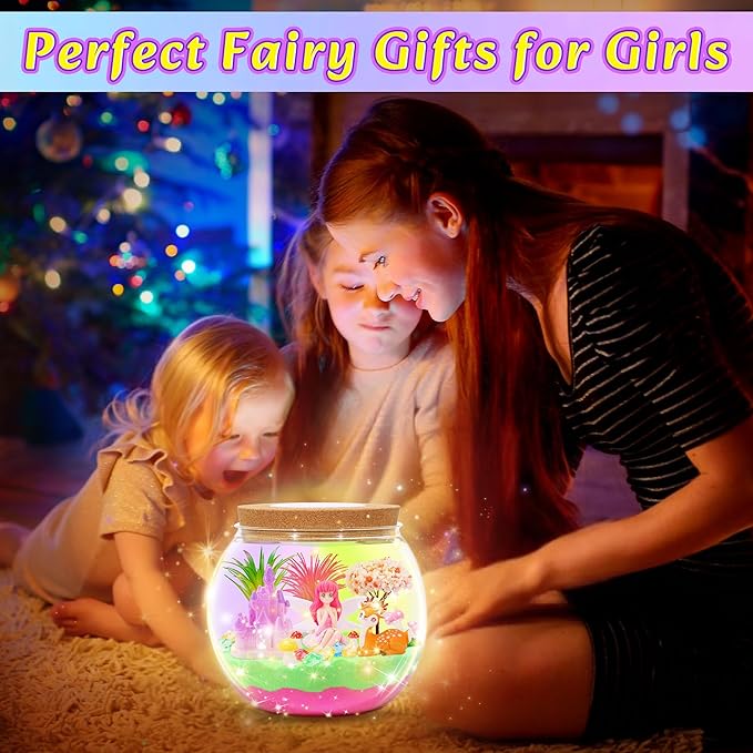 Hannstar Fairy Garden Light Up Terrarium Kit for Kids - LED Night Light Birthday Gift for Girls Ages 4 5 6 7 8 10 12 Years Old - Creative Toys for Girls - DIY Arts and Crafts Kit for Kids