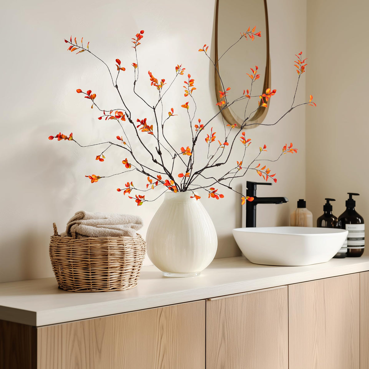 Ttranewsoo 4 Pcs Tall Fall Branches for Floor Vase, 47.2 Inch Artificial Ficus Branches, Faux Eucalyptus Stems and Fall Greenery Stems for Autumn Home Decor, Orange, Vase Not Included