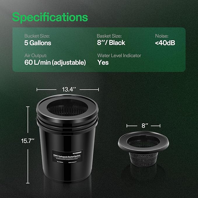 VIVOSUN DWC Hydroponics Grow System with Top Drip Kit, 5-Gallon Deep Water Culture, Recirculating Drip Garden System with Multi-Purpose Air Hose, Air Pump, and Air Stone (8 Buckets + Top Drip Kit)