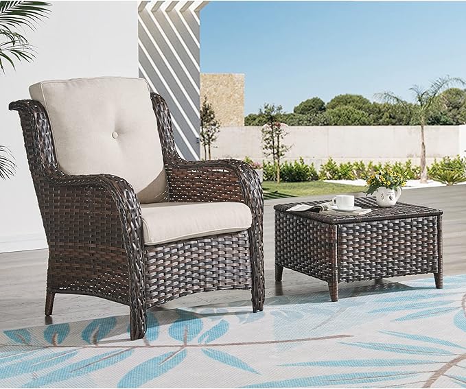 HUMMUH 5 Pieces Patio Bistro Set Wicker Patio Chairs Set of 2 with Ottomans and Side Table Rattan Outdoor Furniture Conversation Set for Yard,Garden,Porch…