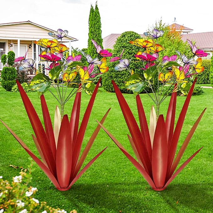 TOMBABY Garden Outdoor Butterfly Enlarge Thickened Wind Resistant Metal Agave Garden Art Metal Plant Country Sculpture Statue Decorations Ornaments Artificial Waterproof Butterflies(red 2pcs)